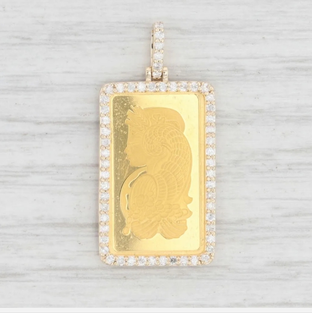 New Diamond Halo Pamp Fortuna Swiss Gold Bar Pendant 999 14k Yellow Gold 2.5 gra